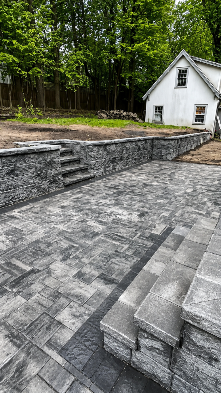 Backyard stone steps integrated into a retaining wall