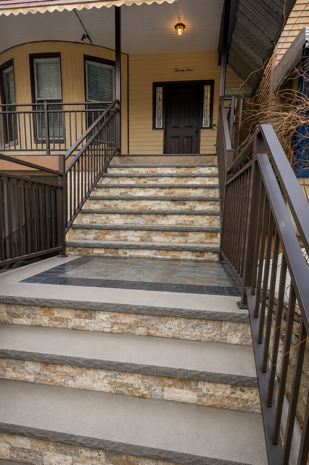 Large stone front entrance staircase with railings in Wayne NJ