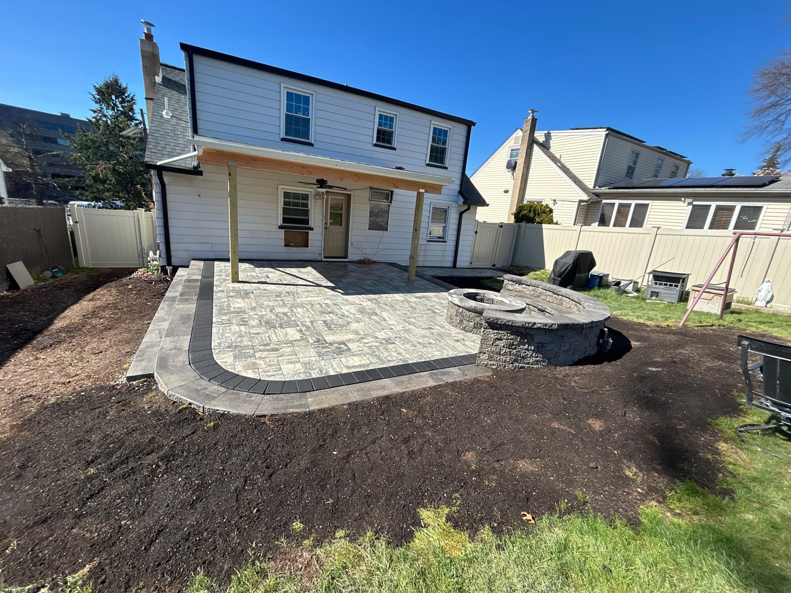 Backyard paver patio with fire pit in Cranford NJ