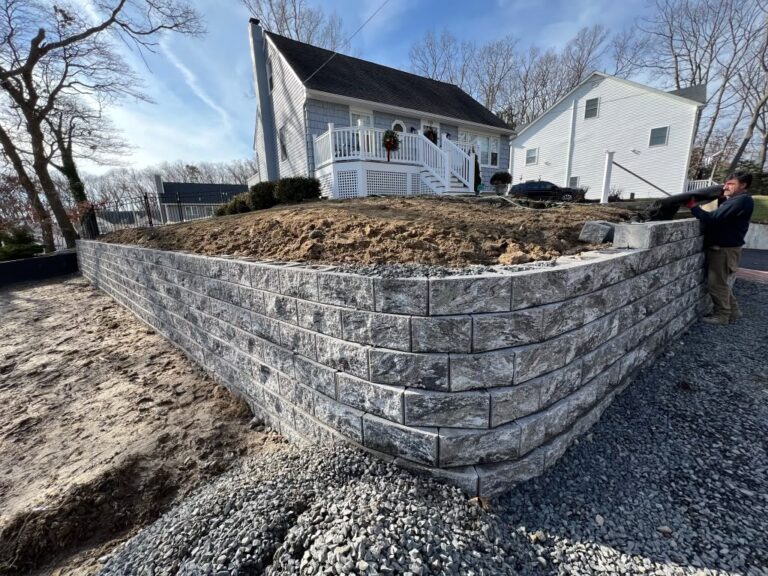 Curved stone retaining wall in Pine Brook NJ