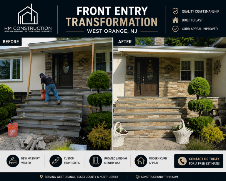 Before and after masonry front entrance transformation in West Orange NJ
