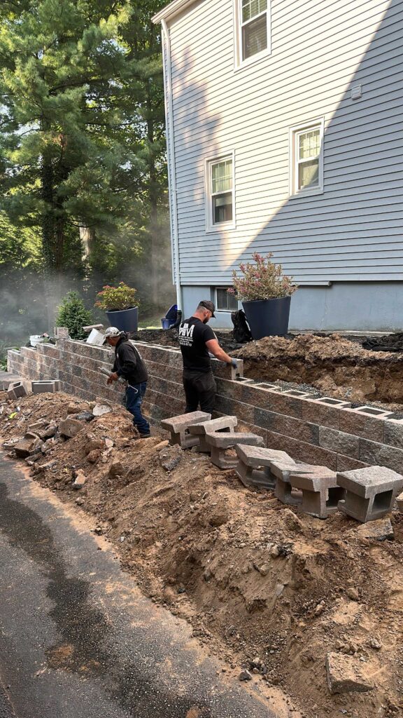Retaining wall construction in progress in Tenafly NJ
