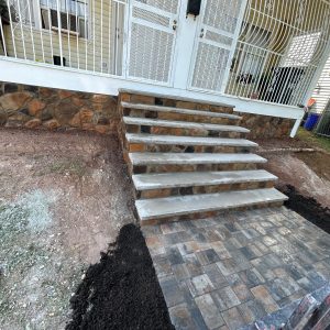 Natural stone front steps with paver landing in New Jersey