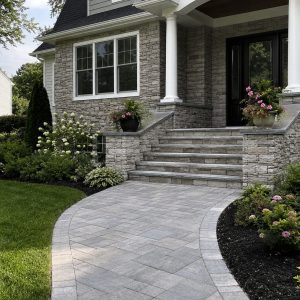 Custom stone front steps and curved paver walkway in New Jersey