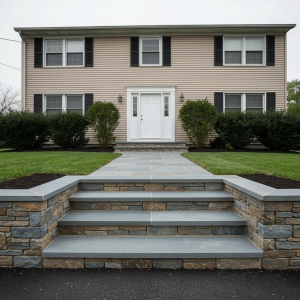 Bluestone front steps with natural stone risers and paver walkway in New Jersey